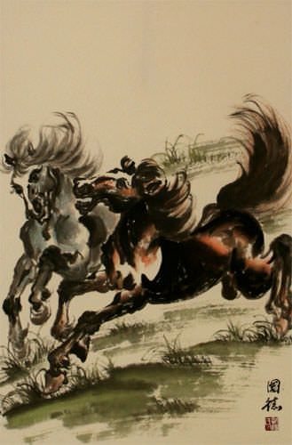 Two Galloping Horses Wall Scroll close up view