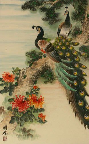 Peacocks and Chrysanthemum Flower Wall Scroll close up view