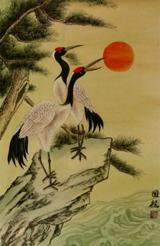 Antique-Style Chinese Cranes Wall Scroll close up view
