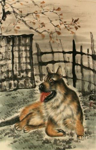 Chinese Dog Wall Scroll close up view