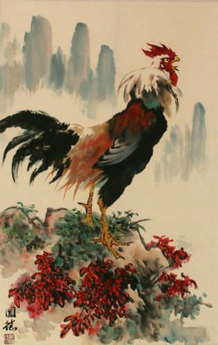 Chinese Farmyard Rooster Wall Scroll close up view