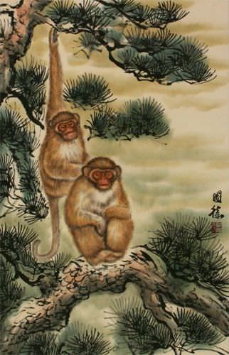 Pine Tree Monkeys - Asian Scroll close up view