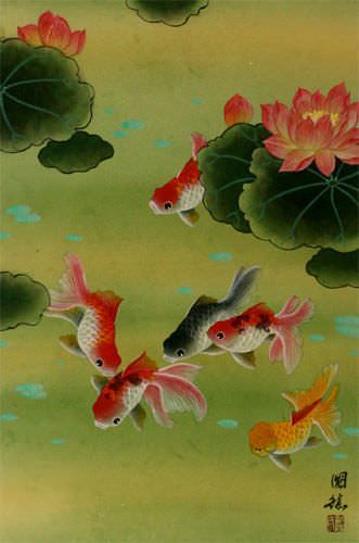 Gold Fish & Flowers - Chinese Scroll close up view