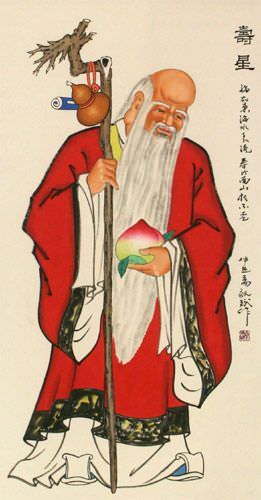 Longevity Saint holding Peach - Chinese Scroll close up view