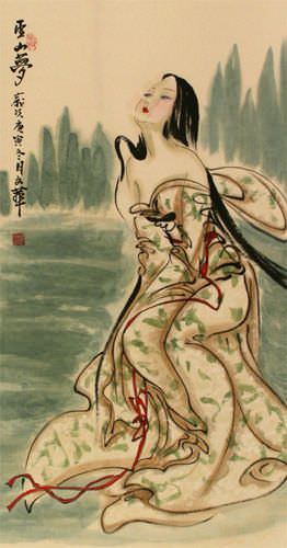 Wu Mountain Dreams - Beautiful Woman - Chinese Scroll close up view