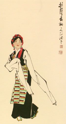 Dancing Minority Girl of Southern China Wall Scroll close up view