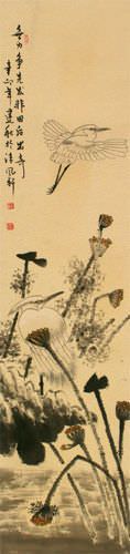 Egrets and Withering Lotus - Wall Scroll close up view