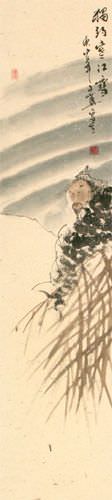 Lonely Old Man Fishing in Snowy River - Ancient Style Wall Scroll close up view