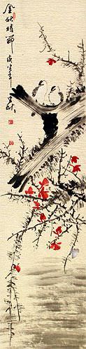 The Golden Autumn - Chinese Bird and Flower Wall Scroll close up view