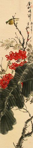 Golden Autumn Rhythm - Bird and Flower - Chinese Scroll close up view
