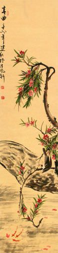 Spring Melody - Bird and Flowers - Chinese Wall Scroll close up view