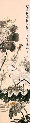 Autumn Rain - Egret Birds and Lotus Flower Wall Scroll close up view