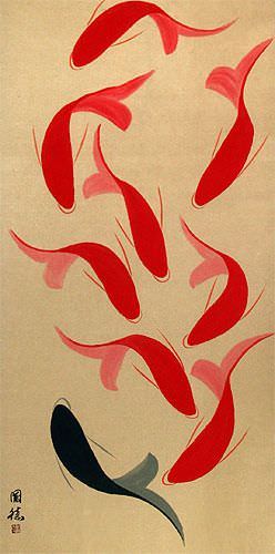 Abstract Large Nine Koi Fish Chinese Scroll close up view