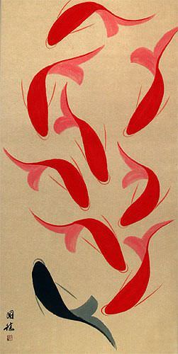 Large Nine Abstract Oriental Koi Fish Wall Scroll close up view