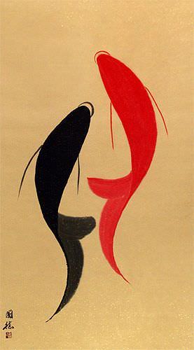 Abstract Yin Yang Koi Fish Chinese Scroll close up view
