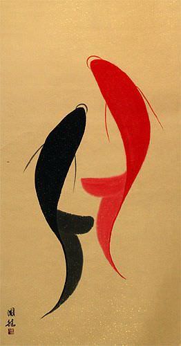 Large Abstract Yin Yang Fish Wall Scroll close up view