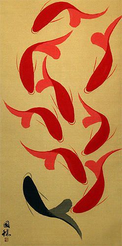 Large Nine Abstract Oriental Koi Fish Wall Scroll close up view
