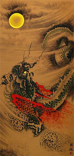 Flying Chinese Dragon - Oriental Wall Scroll close up view