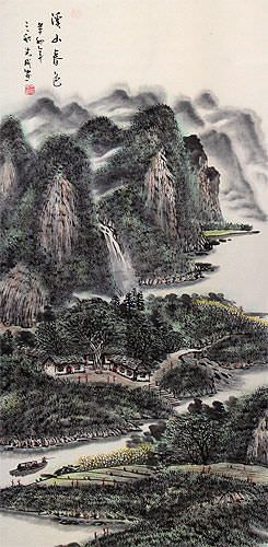 Chinese Village Boat and River Landscape Wall Scroll close up view