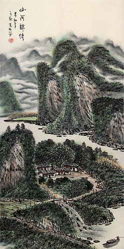 Chinese Village Boat and River Landscape Wall Scroll close up view