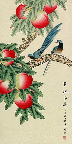 Peaches / Peach Tree and Birds Wall Scroll close up view