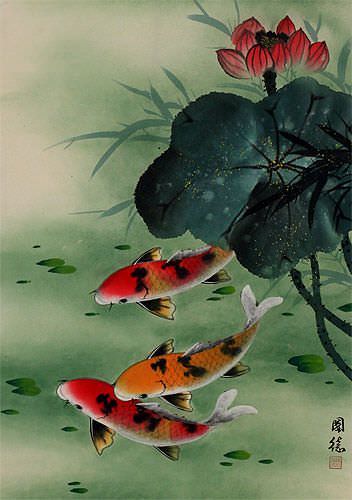Koi Fish & Lotus Flower - Asian Art Scroll close up view