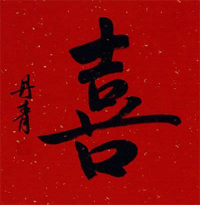 HAPPINESS Chinese / Japanese Kanji Red/White Wall Scroll close up view