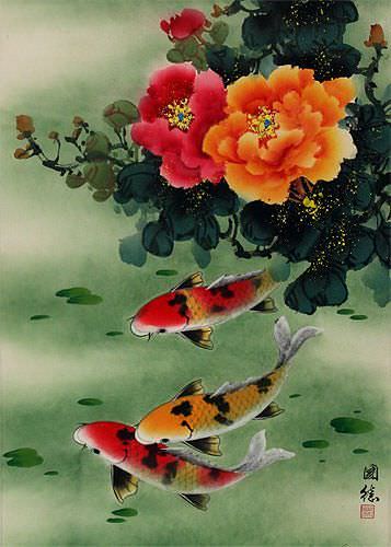 Koi Fish & Peony Flowers - Chinese Scroll close up view