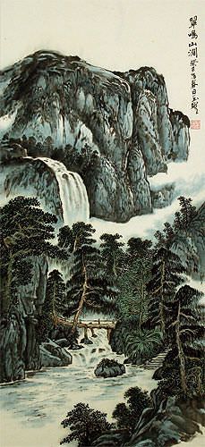 Waterfall and Bridge Landscape Wall Scroll close up view