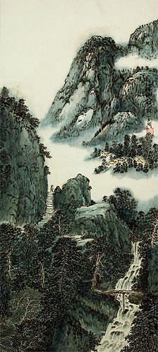 Chinese River Landscape Wall Scroll close up view