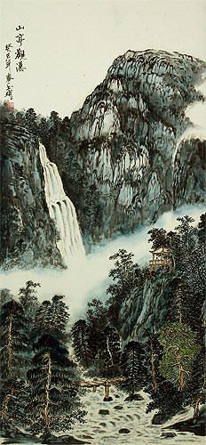 Chinese Waterfall Landscape - Large Wall Scroll close up view