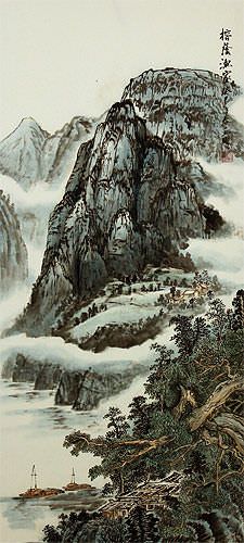 Chinese Waterfall Landscape Wall Scroll close up view