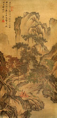 Clear River and Pine Trees - Chinese Landscape Print Wall Scroll close up view