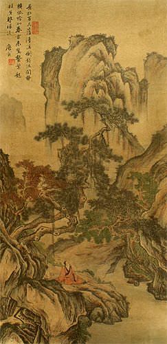 Clear River and Pine Trees - Chinese Landscape Print Wall Scroll close up view