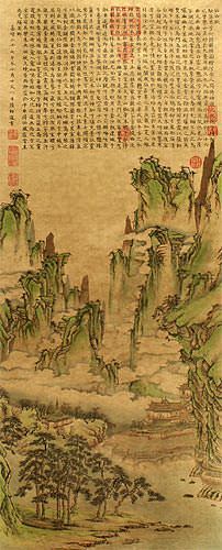 Immortal Mountain Village - Chinese Landscape Print Wall Scroll close up view