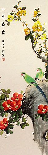 Mountain Fragrance and Flowers - Birds and Plum Blossoms Wall Scroll close up view