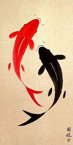 Large Yin Yang Fish - Chinese Scroll close up view