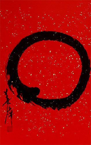 Large Red Enso Symbol - Japanese Scroll close up view