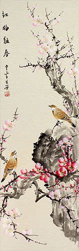 Chinese Birds and Plum Blossom Painting Wall Scroll close up view