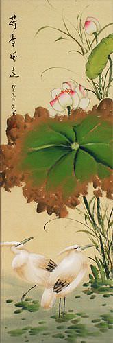 Lotus Scent Travels Far - Egrets and Lotus Wall Scroll close up view