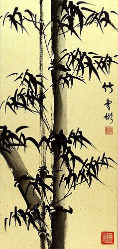 Chinese Black Ink Bamboo Wall Scroll close up view