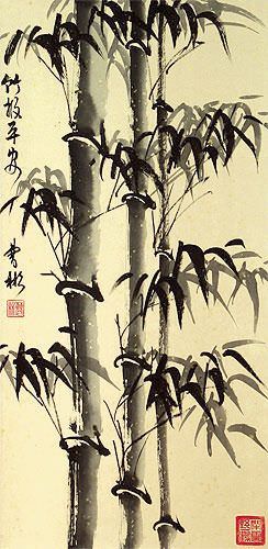 Asian Bamboo on Copper Brocade Wall Scroll close up view