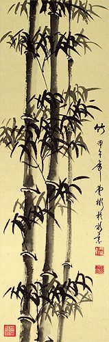 Black Ink Chinese Bamboo Wall Scroll close up view