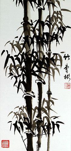 Asian Bamboo on Copper Brocade Wall Scroll close up view