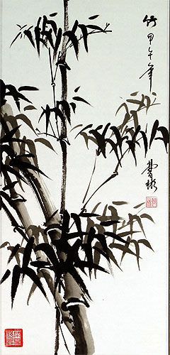 Black Ink Chinese Bamboo Wall Scroll close up view