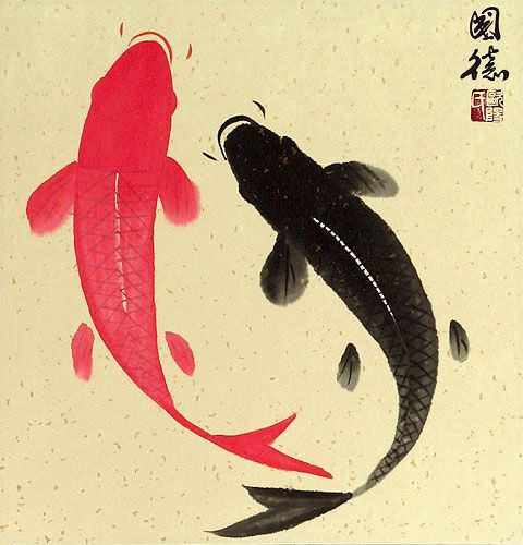 Classic Yin Yang Fish Brocade Wall Scroll close up view