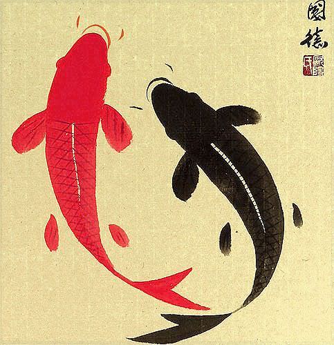 Antique-Style Yin Yang Fish Wall Scroll close up view