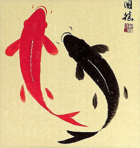 Classic Yin Yang Fish Silk Wall Scroll close up view