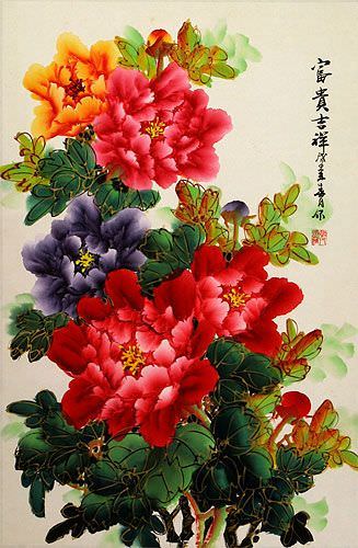Peony Flower - Colorful Chinese Wall Scroll close up view