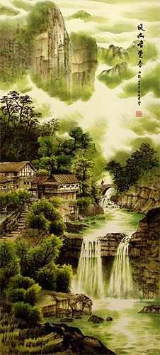 Home in the Deep Green Fragrant Mountains - Chinese Landscape Wall Scroll close up view